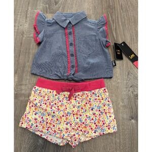 Lee Baby Girls 2 Piece Set Chambray Tie Front Top Floral Shorts Blue Pink 18M